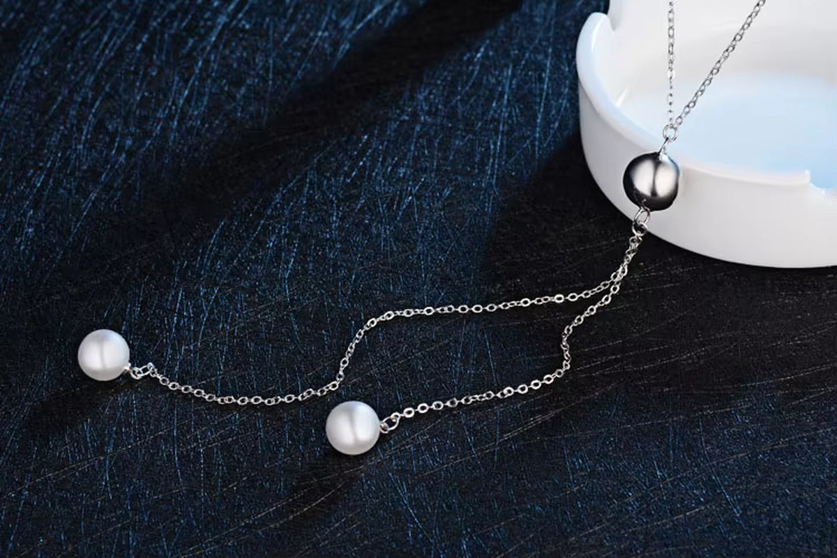 Fashion 925 Sterling Silver Long Chain With Pearl Necklace