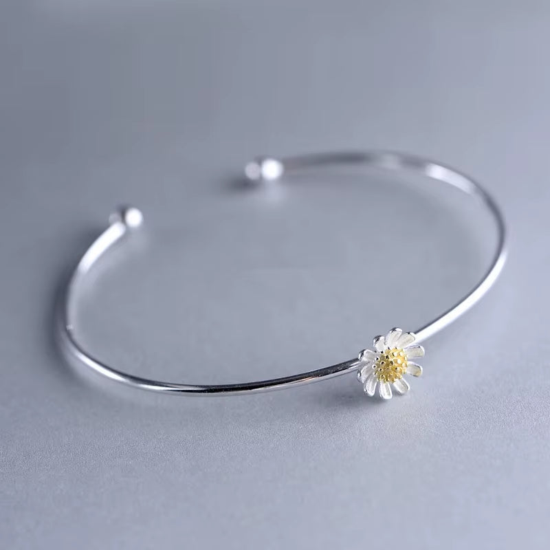 925 Sterling Silver Flower Bangle Chrysanthemum Daisy Adjustable Open Hypoallergenic Fine Jewelry for Women Fashion Gift