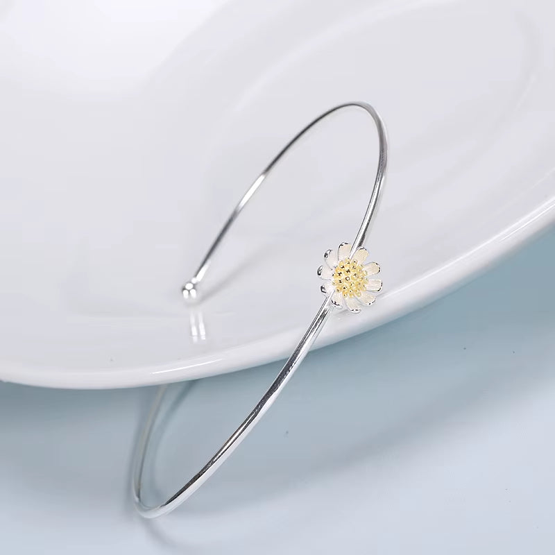 925 Sterling Silver Flower Bangle Chrysanthemum Daisy Adjustable Open Hypoallergenic Fine Jewelry for Women Fashion Gift