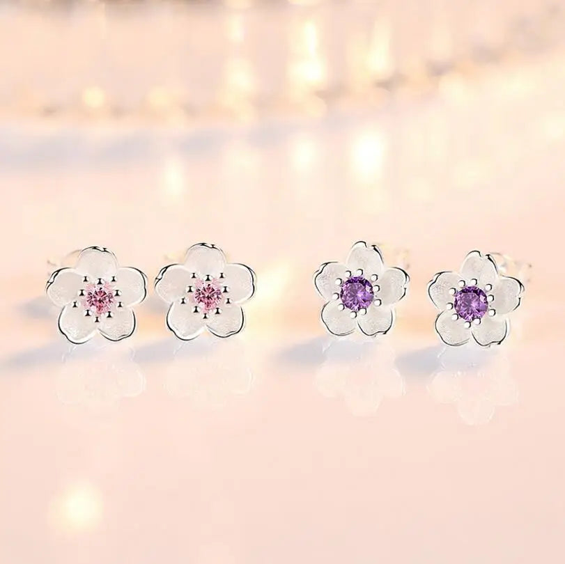  Cherry Blossom Inlaid Zircon Ear Stud Silver Earring