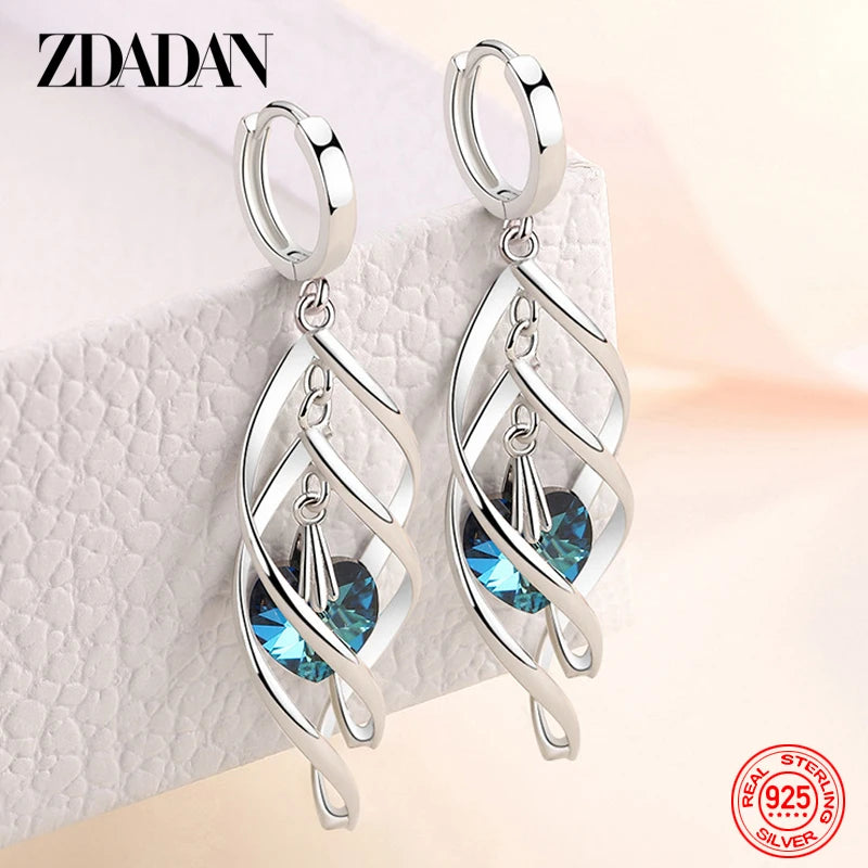 925 Silver Hollow Blue Crystal Long Drop Earrings for Women