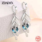 925 Silver Hollow Blue Crystal Long Drop Earrings for Women