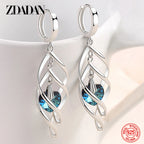 925 Silver Hollow Blue Crystal Long Drop Earrings for Women