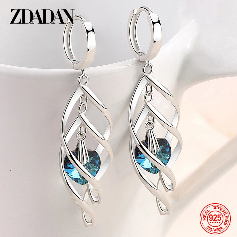 925 Silver Hollow Blue Crystal Long Drop Earrings for Women