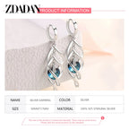 925 Silver Hollow Blue Crystal Long Drop Earrings for Women