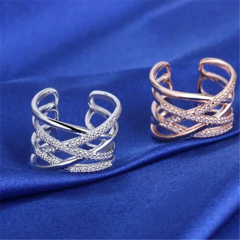 Korean Style Multi-Layer Line Cross Mosaic Zircon Rings for Women