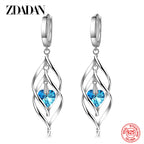 925 Silver Hollow Blue Crystal Long Drop Earrings for Women