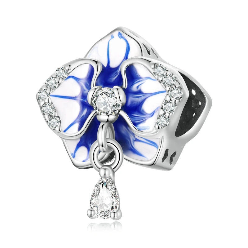 925 Sterling Silver Purple Enamel Flower Beads Zircon Charms