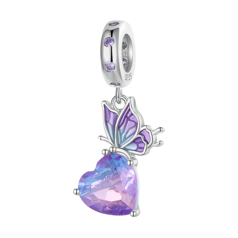 925 Sterling Silver Purple Enamel Flower Beads Zircon Charms