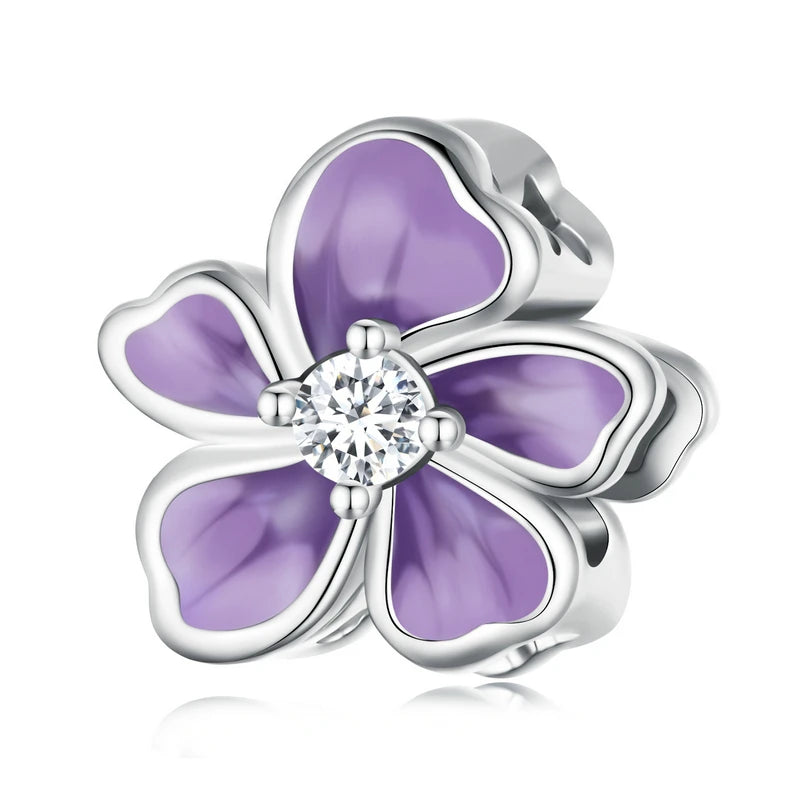 925 Sterling Silver Purple Enamel Flower Beads Zircon Charms