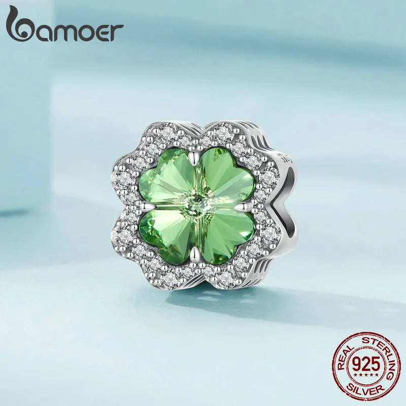 925 Sterling Silver Green Transparent Clover Beads Charms