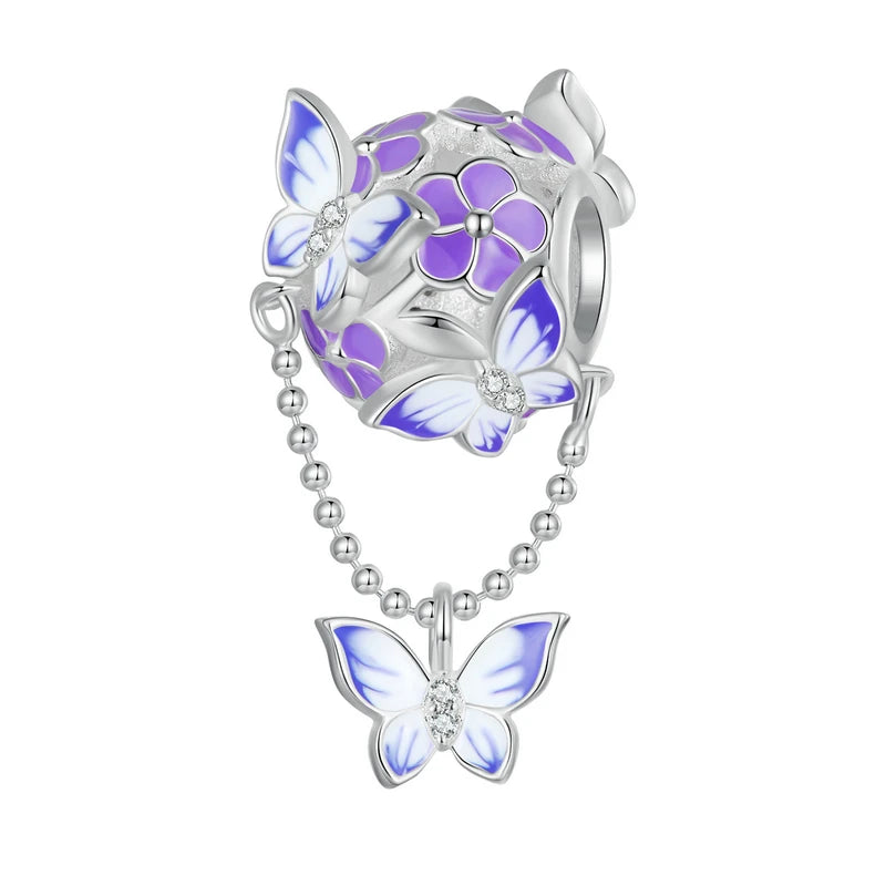 925 Sterling Silver Purple Enamel Flower Beads Zircon Charms