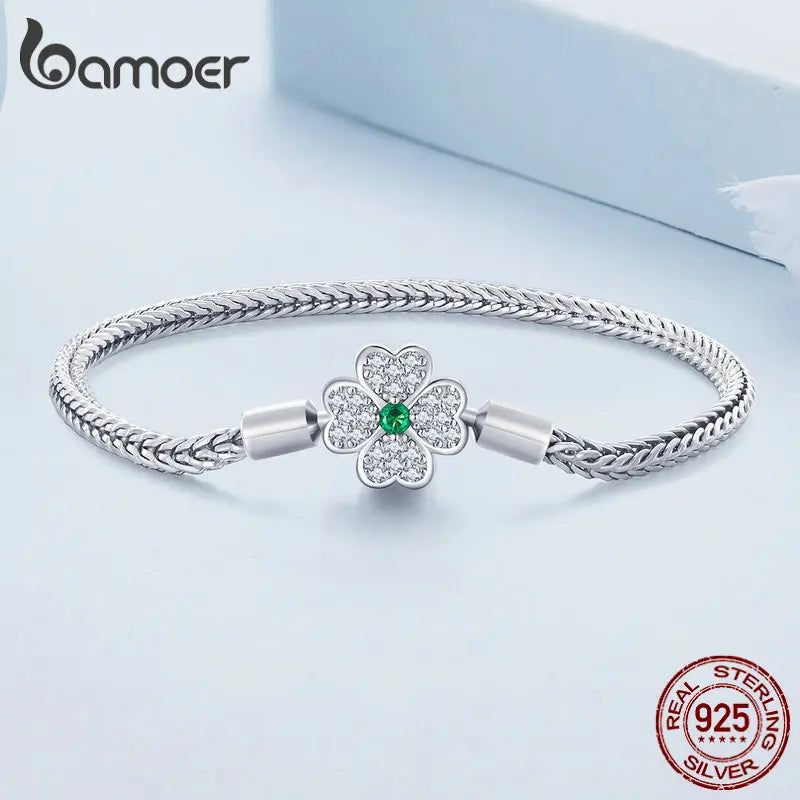 925 Sterling Silver Four-Leaf Clover Snake Basic Charm Bracelet