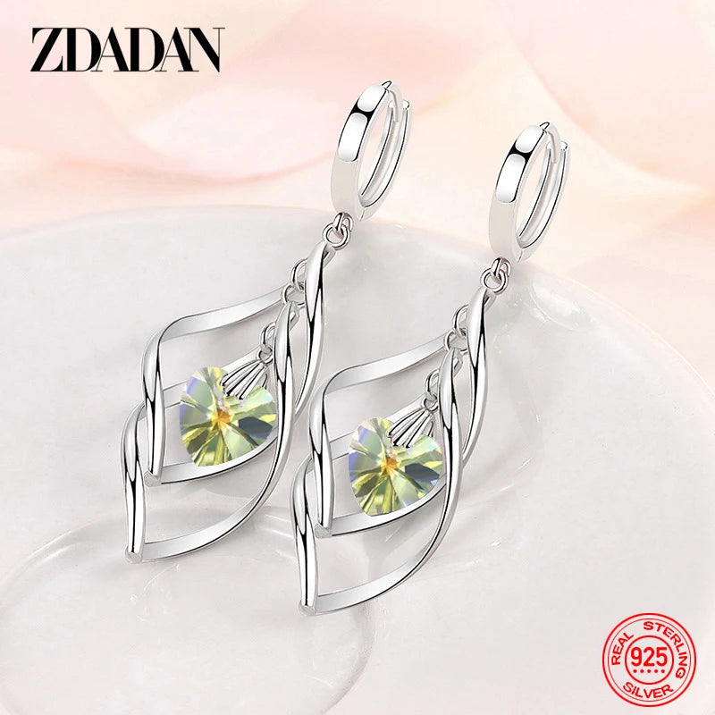 925 Silver Hollow Blue Crystal Long Drop Earrings for Women