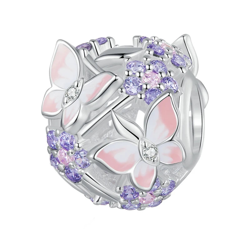 925 Sterling Silver Purple Enamel Flower Beads Zircon Charms