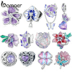 925 Sterling Silver Purple Enamel Flower Beads Zircon Charms