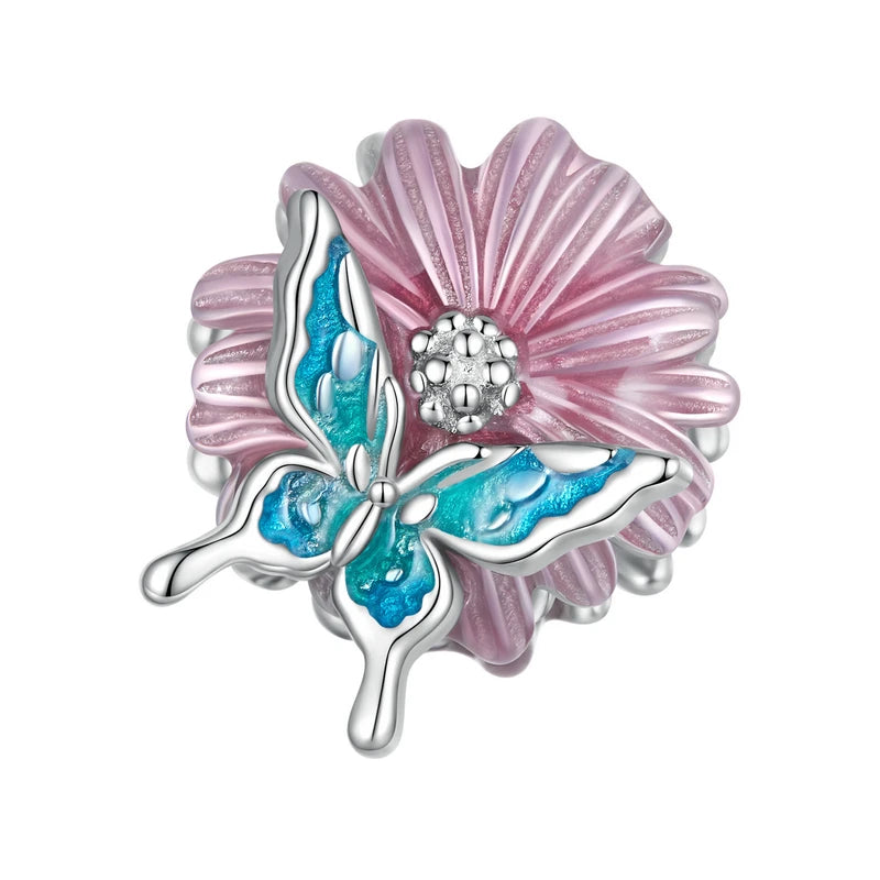 925 Sterling Silver Purple Enamel Flower Beads Zircon Charms