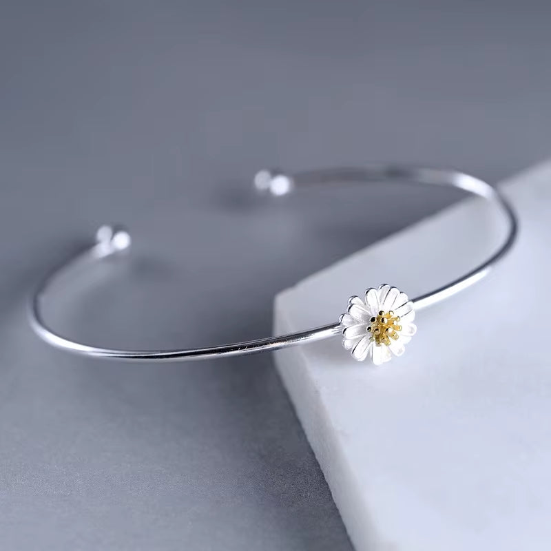 925 Sterling Silver Flower Bangle Chrysanthemum Daisy Adjustable Open Hypoallergenic Fine Jewelry for Women Fashion Gift