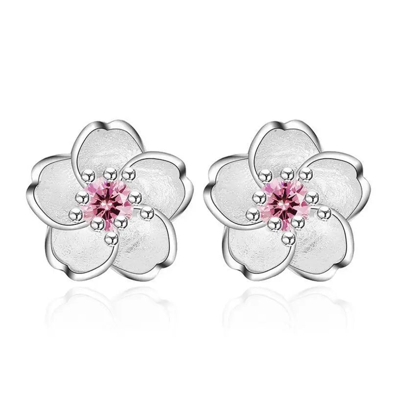  Cherry Blossom Inlaid Zircon Ear Stud Silver Earring