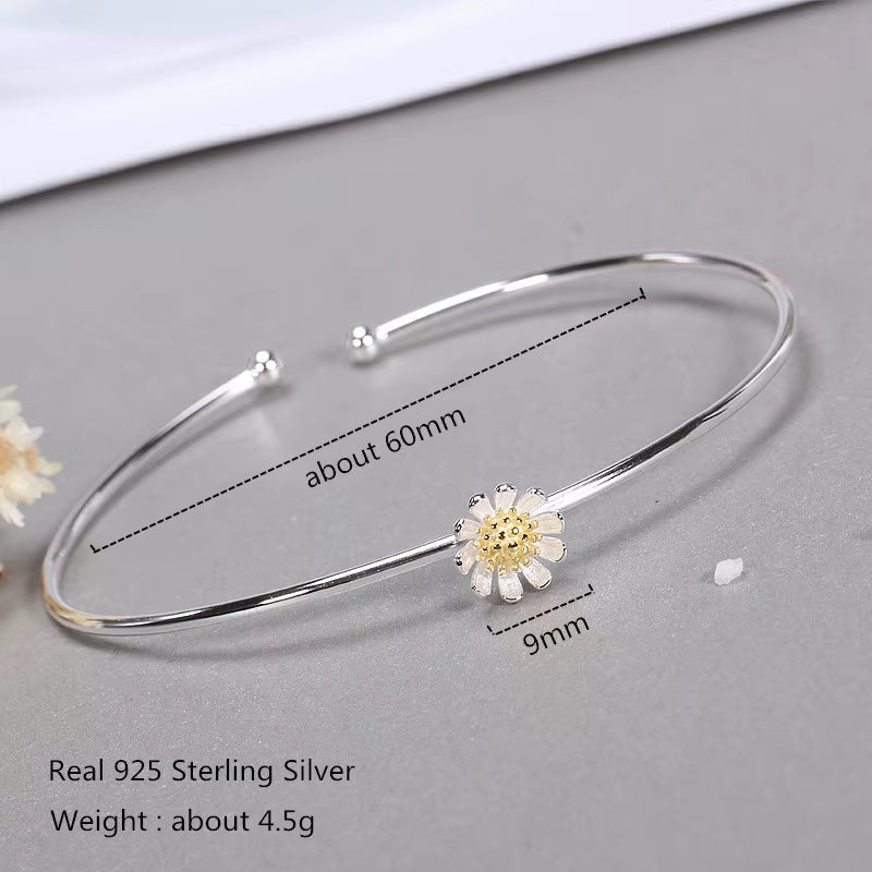 925 Sterling Silver Flower Bangle Chrysanthemum Daisy Adjustable Open Hypoallergenic Fine Jewelry for Women Fashion Gift