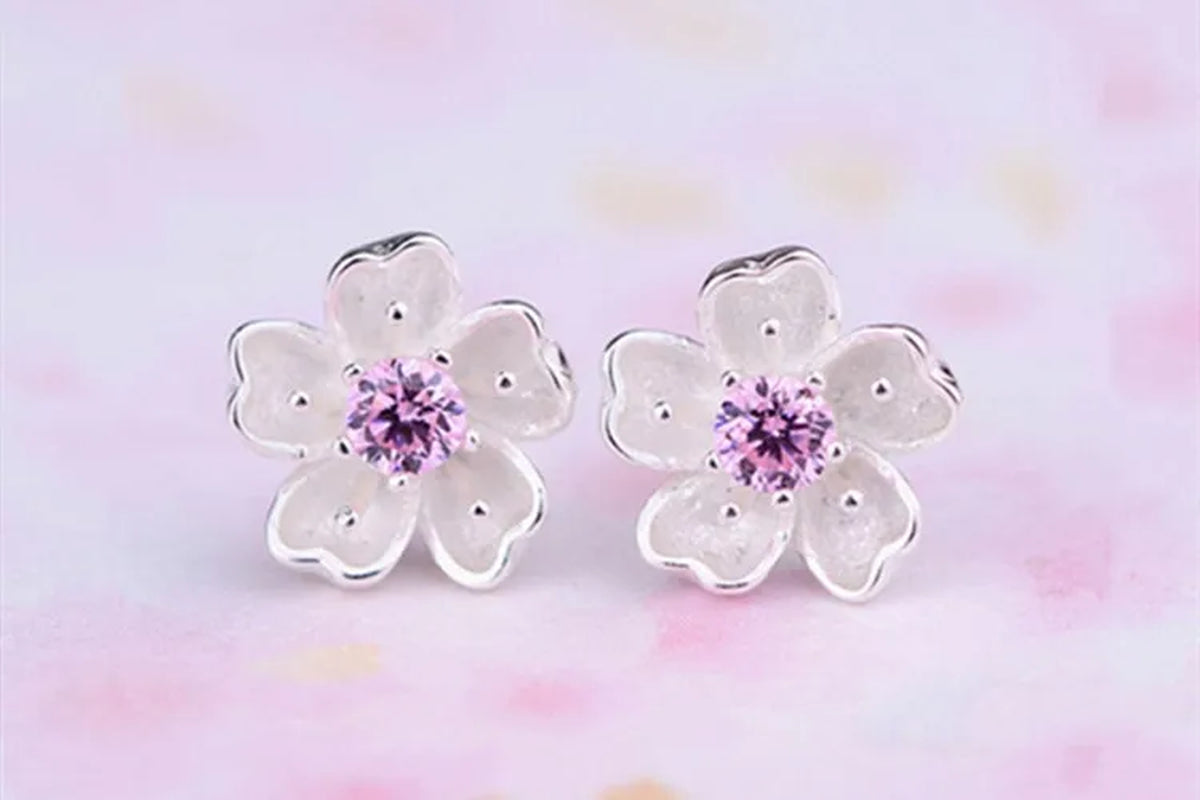  Cherry Blossom Inlaid Zircon Ear Stud Silver Earring