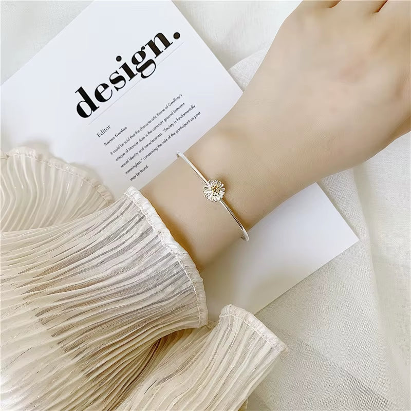925 Sterling Silver Flower Bangle Chrysanthemum Daisy Adjustable Open Hypoallergenic Fine Jewelry for Women Fashion Gift