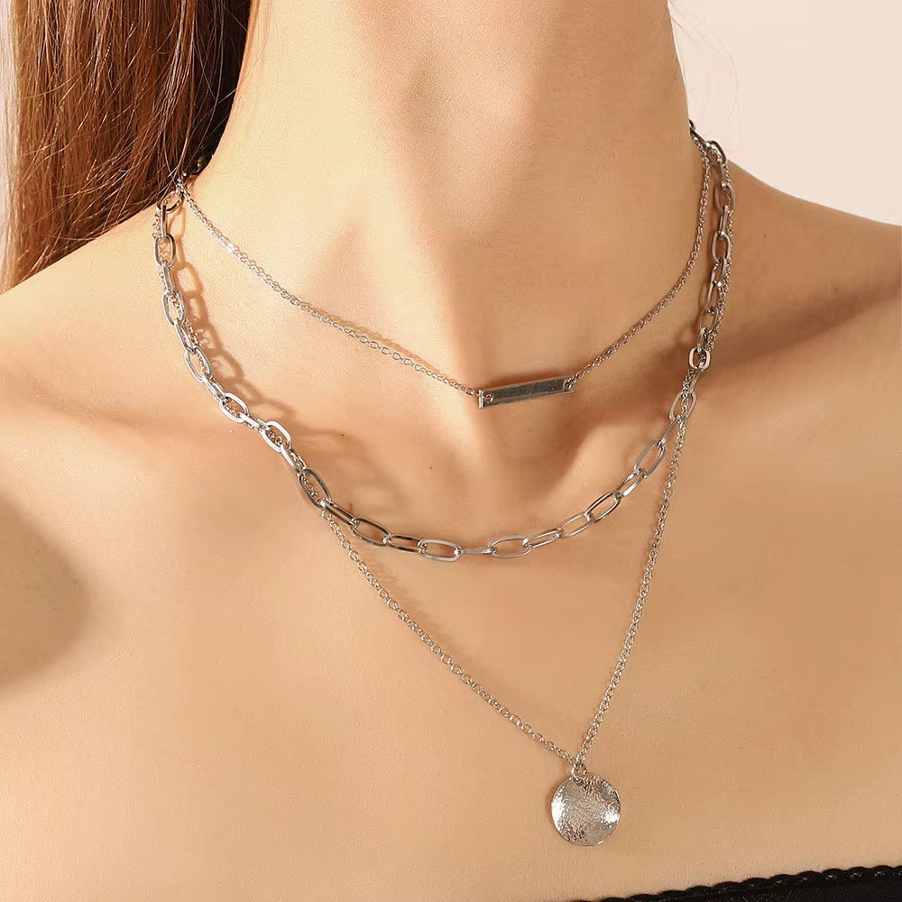 Vintage Gold Plated round Coin Pendant Neckalce for Women Multi-Layer Chain Choker Necklaces Femme Collares Punk Jewelry